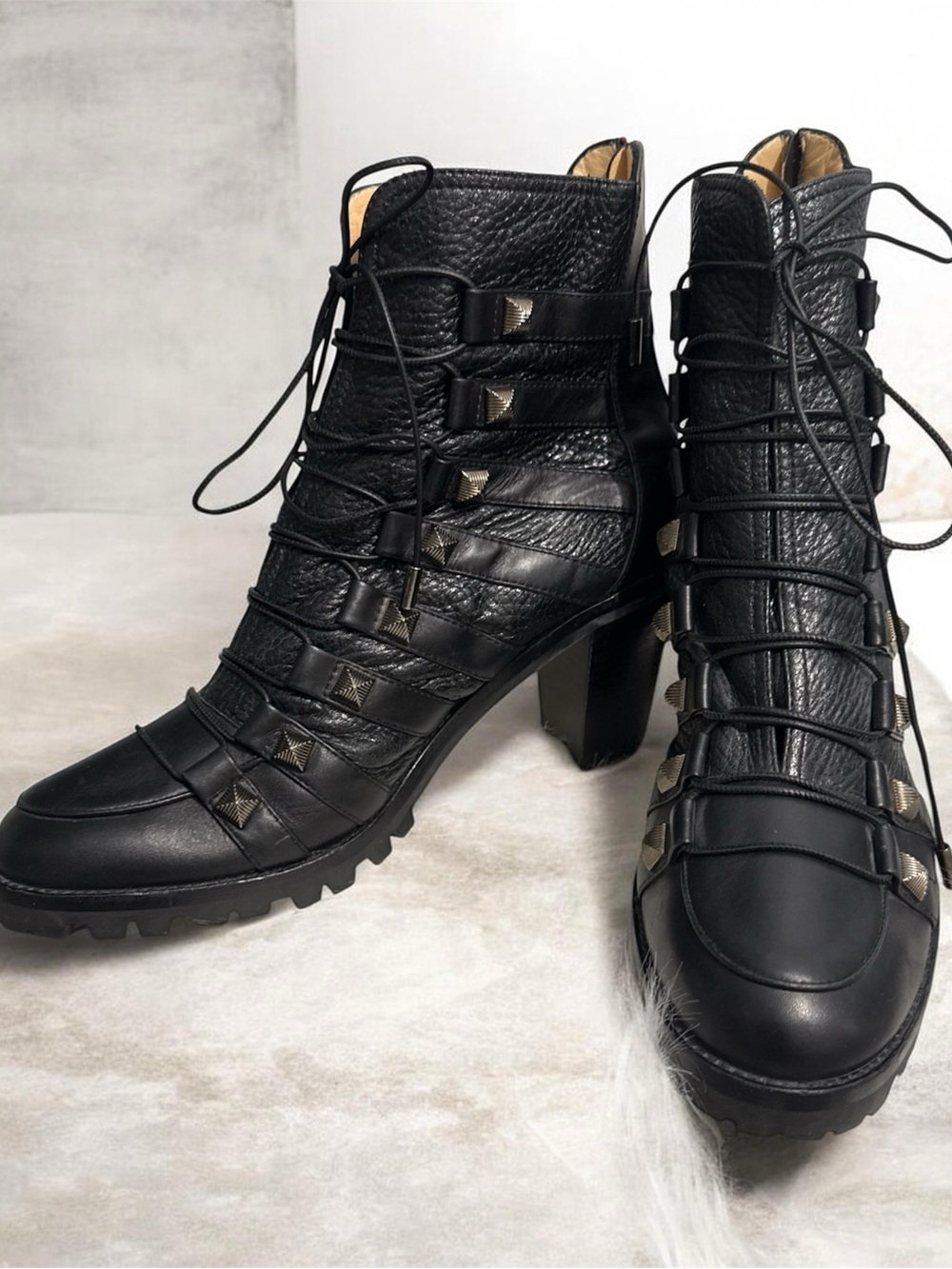 Christian Louboutin Black Lace-Up Studded Leather Ankle Boots